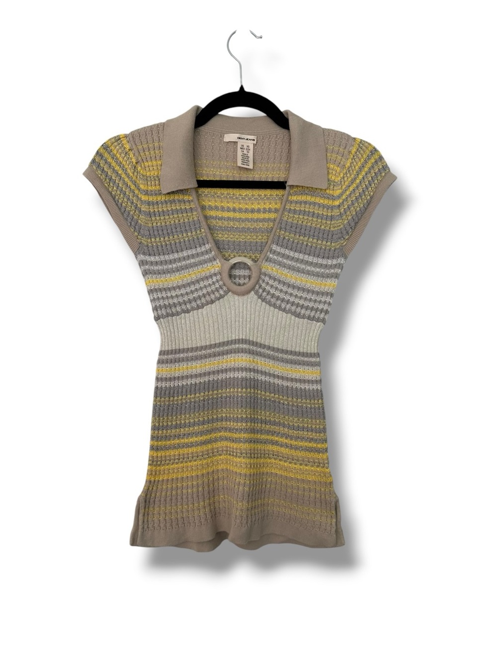 DKNY Striped Knit Keyhole Empire Waist Babydoll Top Cotton Blend 2000s XS O Ring
